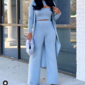 Tan three piece pant set with bandeau top and cape nice fabric super stretchy